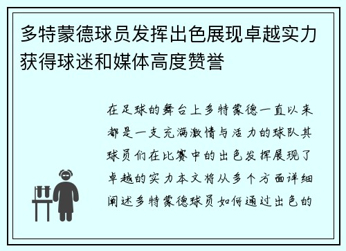 多特蒙德球员发挥出色展现卓越实力获得球迷和媒体高度赞誉