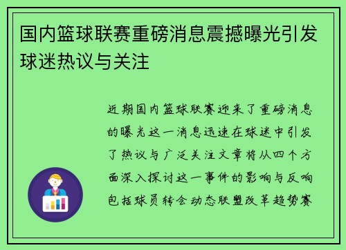 国内篮球联赛重磅消息震撼曝光引发球迷热议与关注