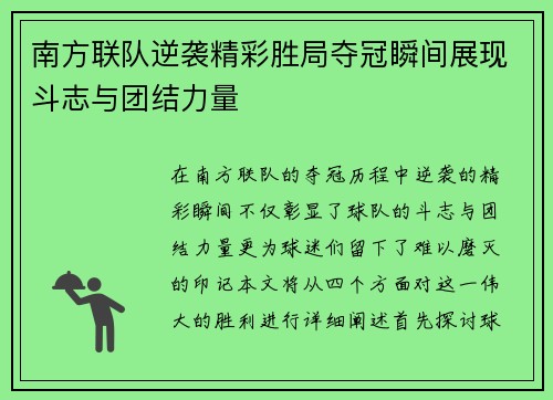 南方联队逆袭精彩胜局夺冠瞬间展现斗志与团结力量