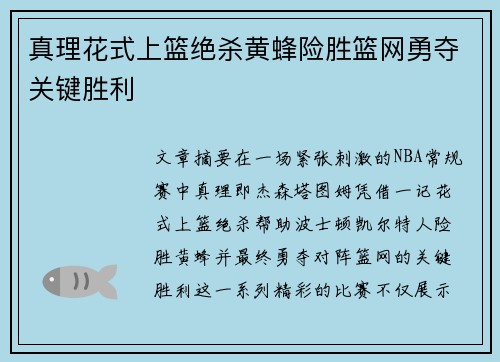 真理花式上篮绝杀黄蜂险胜篮网勇夺关键胜利
