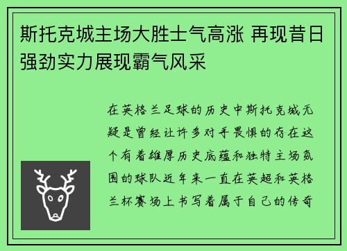 斯托克城主场大胜士气高涨 再现昔日强劲实力展现霸气风采