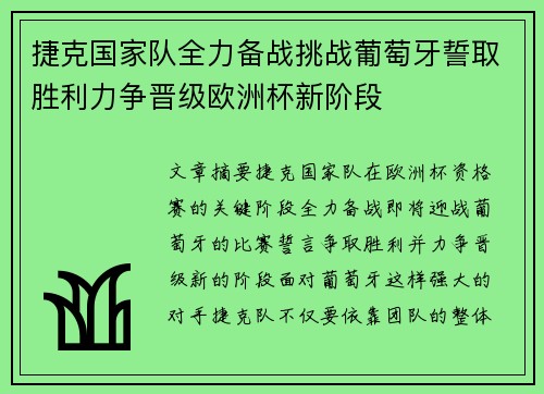 捷克国家队全力备战挑战葡萄牙誓取胜利力争晋级欧洲杯新阶段