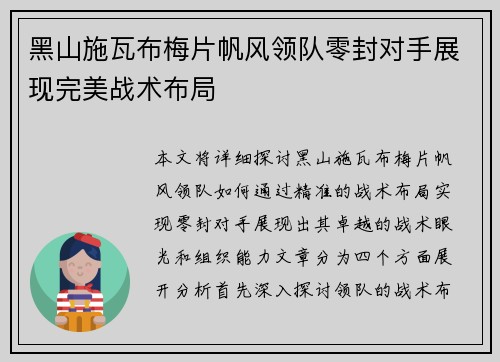 黑山施瓦布梅片帆风领队零封对手展现完美战术布局