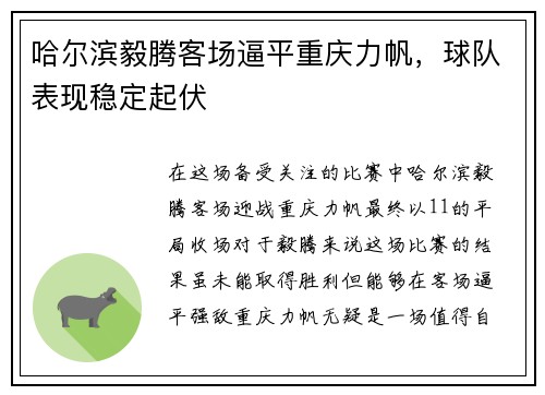 哈尔滨毅腾客场逼平重庆力帆，球队表现稳定起伏