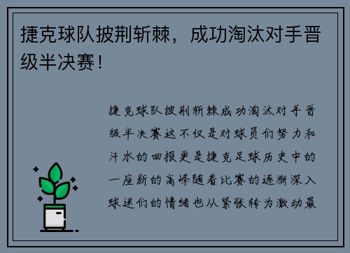 捷克球队披荆斩棘，成功淘汰对手晋级半决赛！