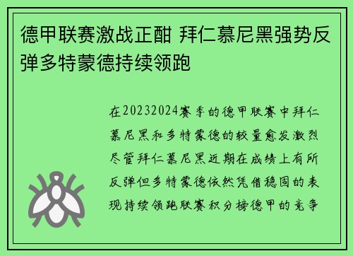 德甲联赛激战正酣 拜仁慕尼黑强势反弹多特蒙德持续领跑