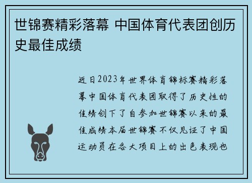 世锦赛精彩落幕 中国体育代表团创历史最佳成绩