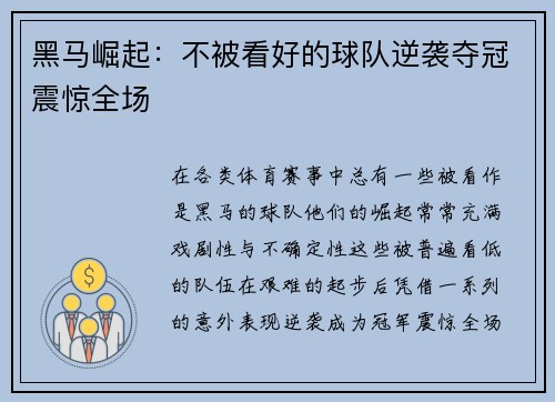黑马崛起：不被看好的球队逆袭夺冠震惊全场